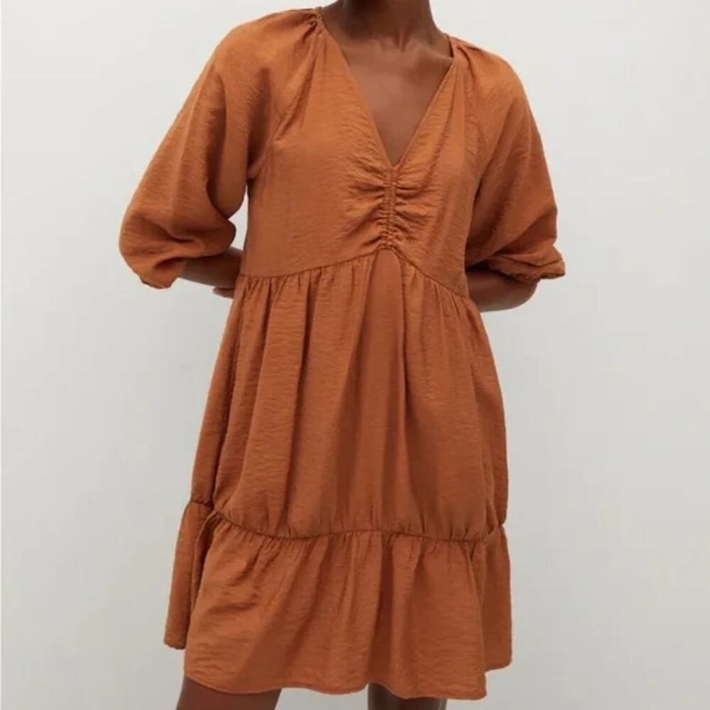 Mango Falcon Rust Orange Ruched V-Neck 3/4 Sleeve Tiered A-Line Mini Dress 2